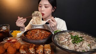 SUB)Rice Noodle Soup (PHO) with Beef Fried Rice, Fried Spring Rolls and Shrimp Balls mukbang ASMR