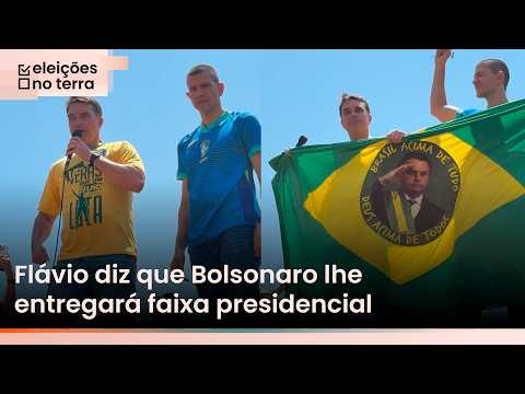 With a Brazilian flag featuring his father's image, Flávio says Bolsonaro will hand him the presi...