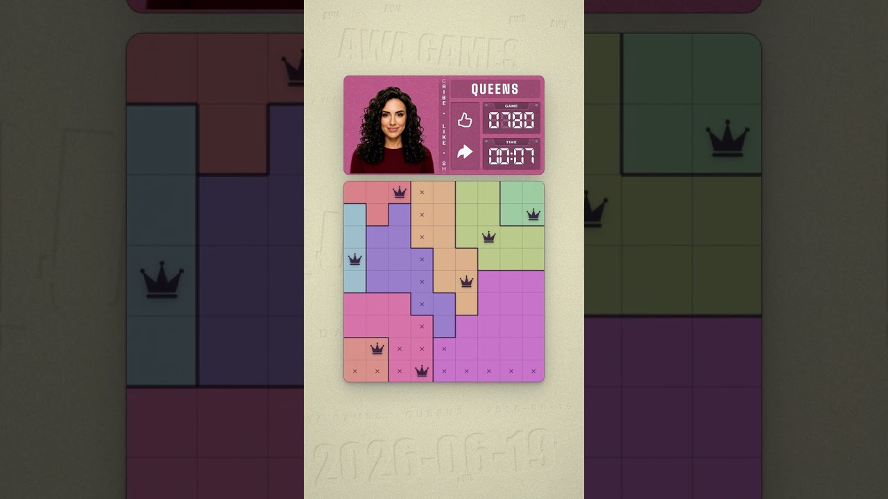 LinkedIn Queens #780 solved board for June 19, 2026, 9x9 grid