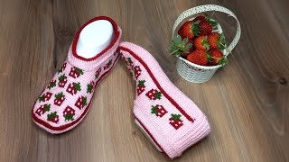 Тапочки "Клубнички".🍓🍓🍓тунисское вязание+спицы