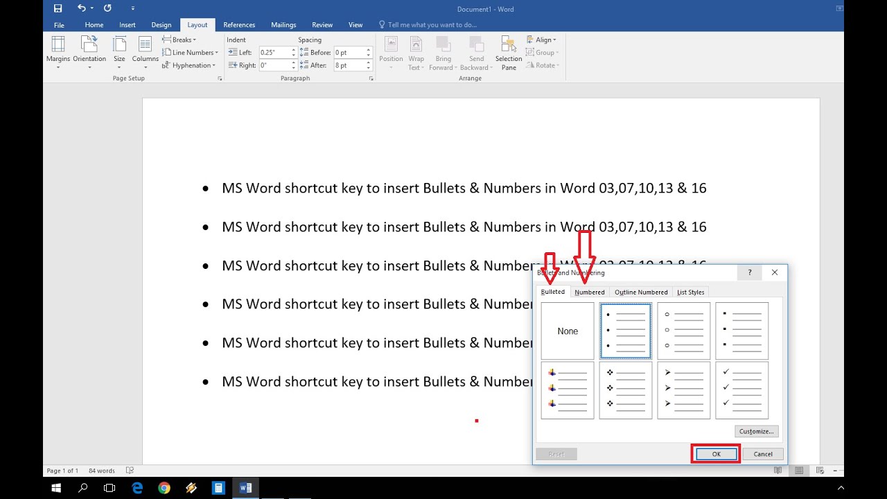 key command for bullet point in word
