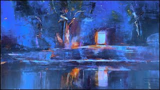 PLEIN AIR STUDIO DREAMING // Nocturnal Landscape Painting / Oil Paint - Palette knife - Toned Canvas screenshot 5