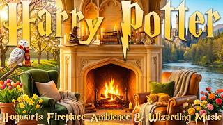 Enchanting Spring at Hogwarts 🌸🔥 Cozy Fireplace Ambience | Magical Harry Potter Music & Atmosphere