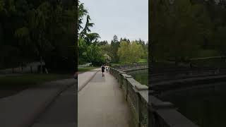 Entering Stanley Park in Vancouver with yachts, people jogging, and high-rise buildings