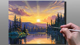 Acrylic Painting Sunset Lake Reflection / Correa Art