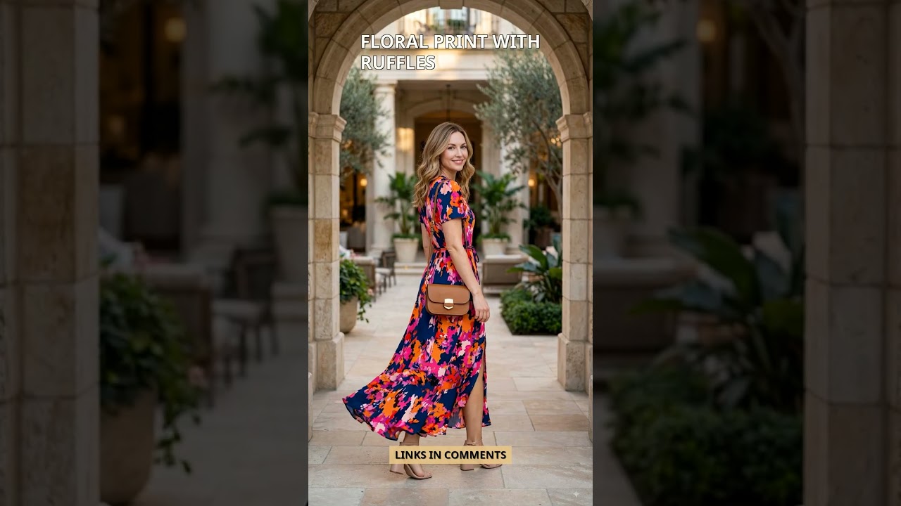 Woman wearing a PRETTYGARDEN short sleeve floral wrap maxi dress paired with Anne Klein Mia shoes, Fossil leather crossbody b