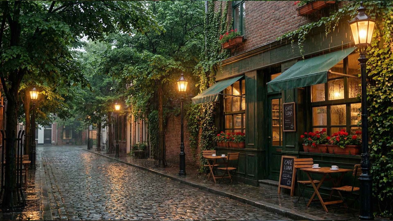 🔴 LIVE 24/7 | Rainy Street Café Jazz ☕ Relaxing Outdoor Coffee Shop Ambience for Deep Focus