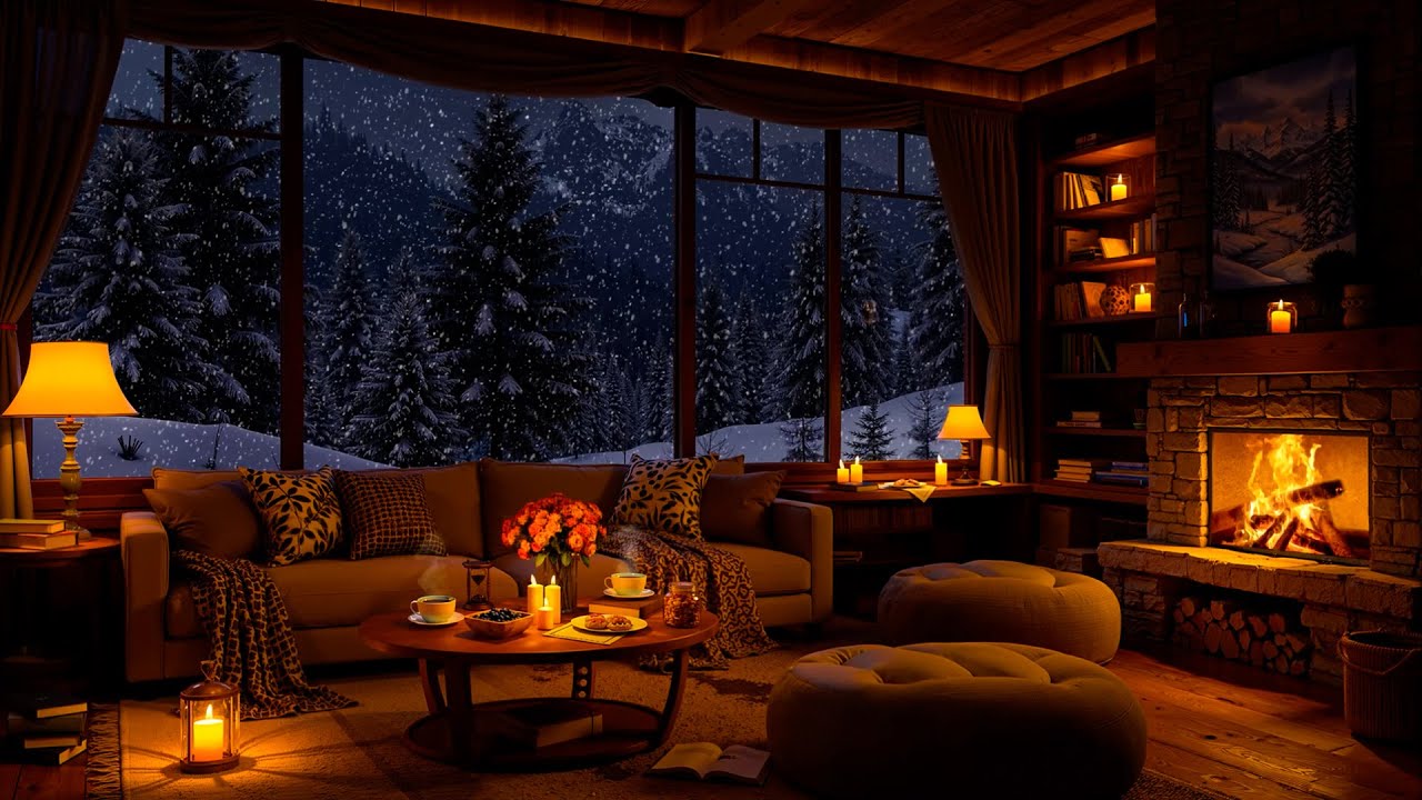 Cozy Winter Cabin Ambience on Snowy Night ❄️ Slow Jazz Music & Crackling Fireplace Sounds for Sleep