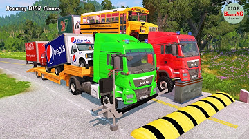 Double Flatbed Trailer Truck vs speed bumps|Busses vs speed bumps|Beamng Drive|1225