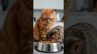 cat guarding food, monkey stealing cleverly, funny twist,