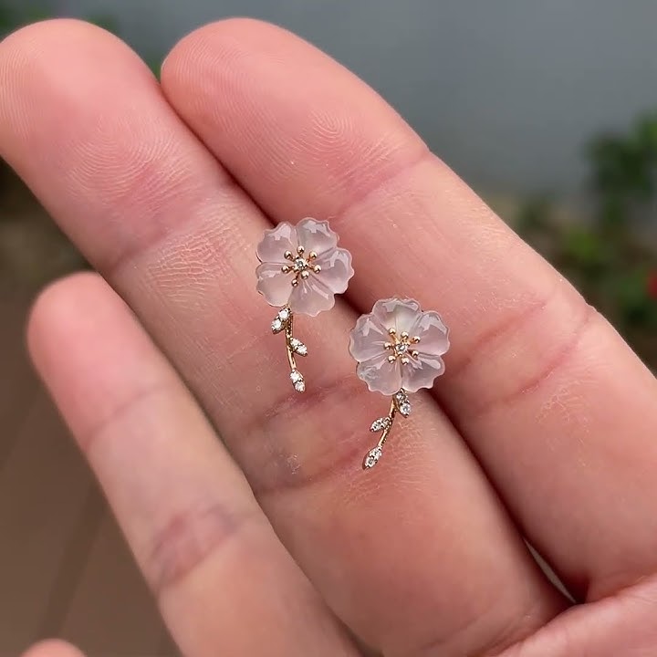 Icy Carved Jade Earrings - Plum Blossoms (NJE259)