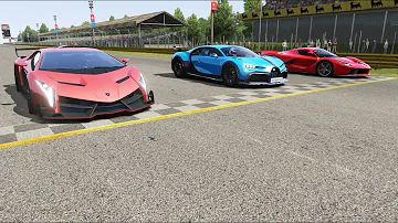 Bugatti Chiron Pur Sport vs Lamborghini Veneno vs Ferrari LaFerrari at Monza Full Course