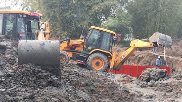 TWO JCB Backhoe Machine Working For Bridge Construction-Bridge Foundation Construction in Water. -4