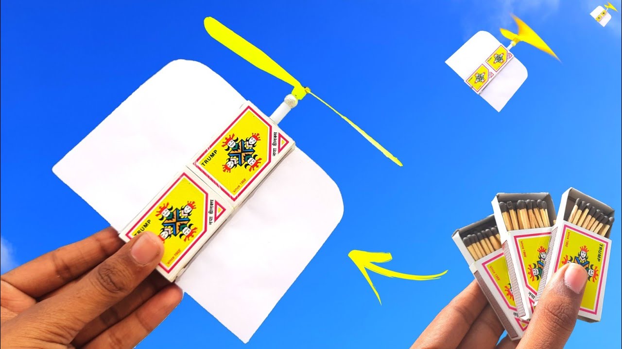 How to make rubberband flying helicopter out of match box,making plane from matchbox