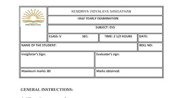 Half Yearly Exam / Class-5 EVS Exam Question Paper/ For KENDRIYA VIDYALAYA Students