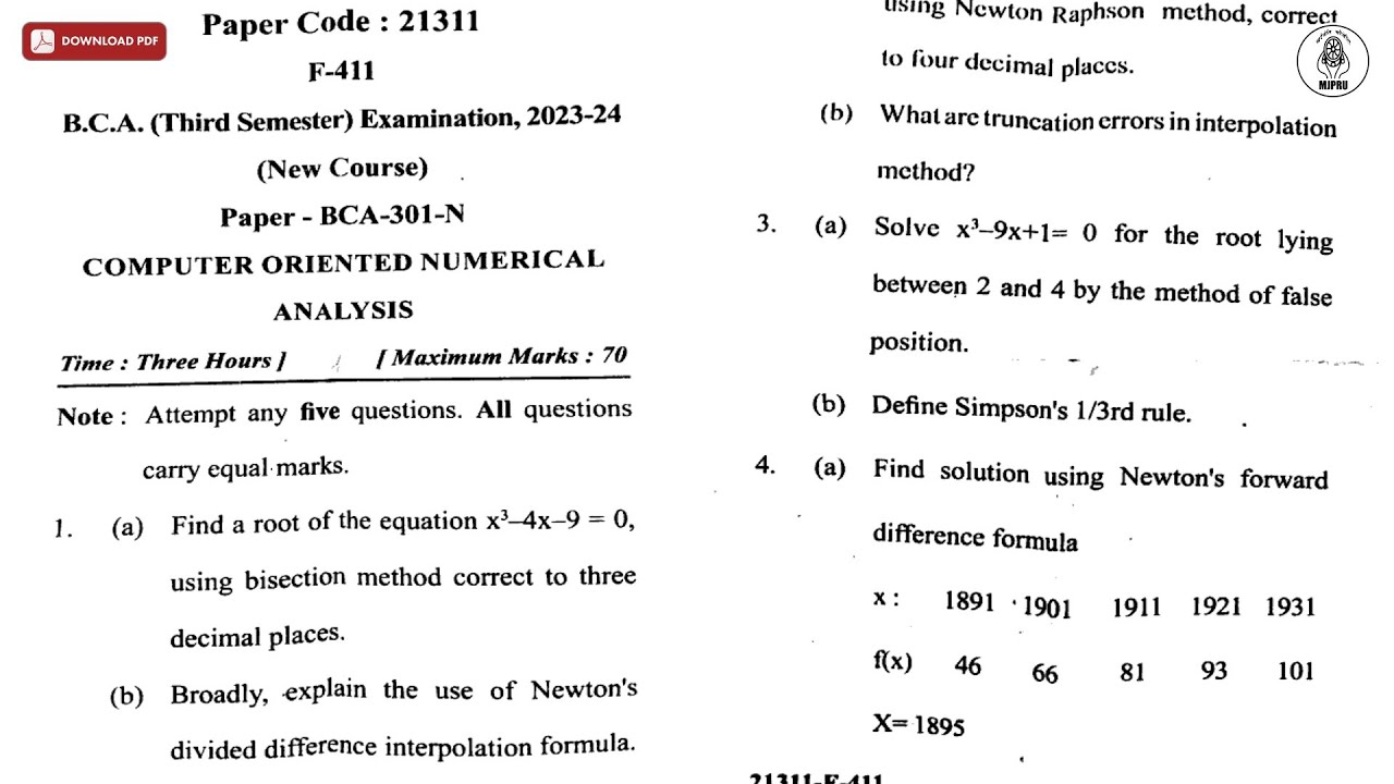 BCA 3RD SEM COMPUTER ORIENTED NUMERICAL ANALYSIS 2024 | MJPRU - YouTube