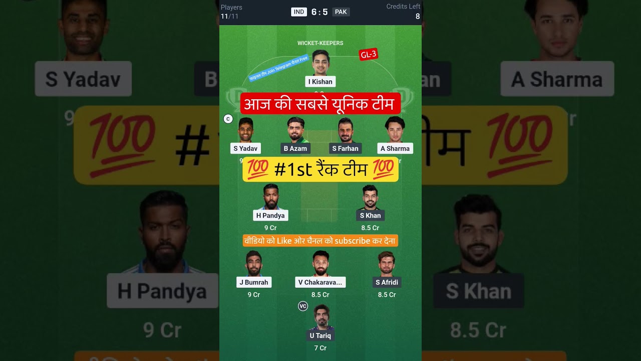 IND VS PAK T20 Dream11 Prediction | IND VS PAK Dream11 Team Of Today Match | IND VS PAK dream11