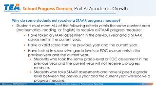 This webinar provides an explanation of the school progress domain,
which measures district and campus outcomes in two areas: number
students that gre...