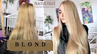 Beige blond.  Lightening the roots + hair toning. NATULIQUE