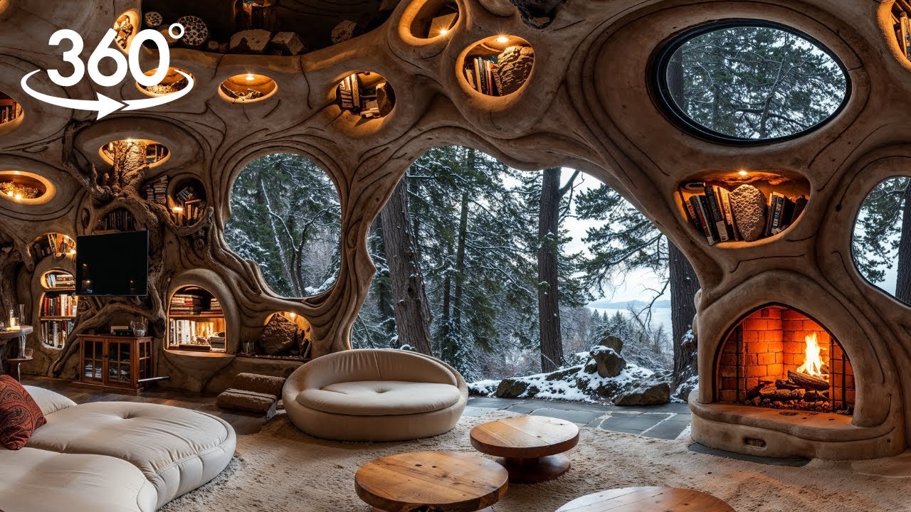 Snowy Tree Hole House in VR With Real Fireplace Sounds | Virtual Reality - 360º VR Fireplace Videos