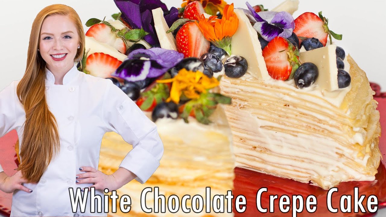 40-Layer White Chocolate Crepe Cake Recipe - topped with edible flowers!!