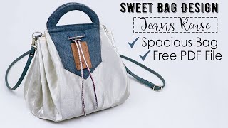 【 】 Jeans Ribbed Handbag DIY Jeans Reuse into a Bucket Bag + Free PDF ♥ ASMR Sewing
