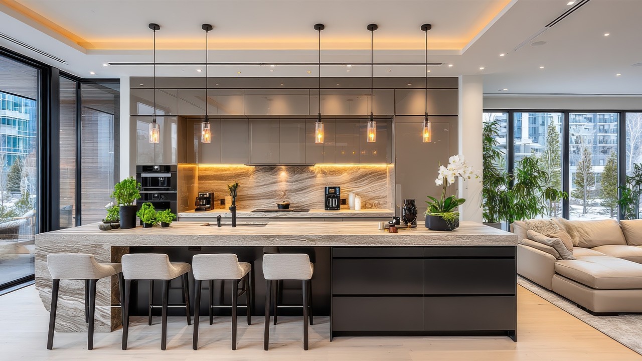 Designing Cohesive Interior: Modern Luxury Kitchen, Dining and Living Room Layout Without Dividers