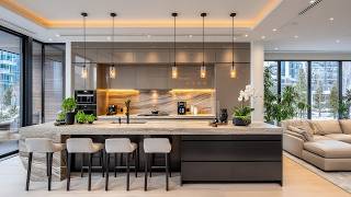 Designing Cohesive Interior: Modern Luxury Kitchen, Dining and Living Room Layout Without Dividers