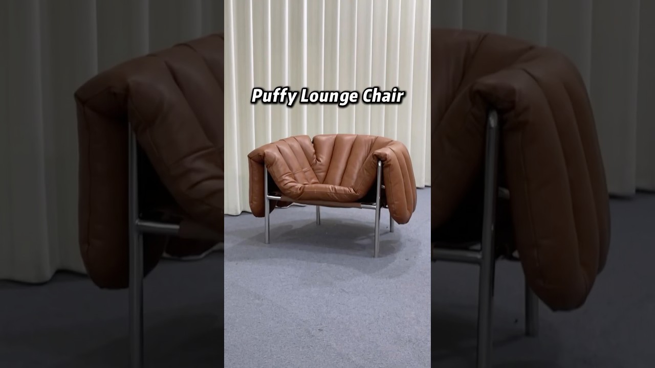 Tan aniline leather puffy lounge chair