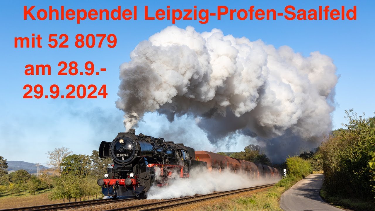 Dampflok 52 8079 mit 22 Kohlewagen auf der Strecke Leipzig-Profen-Saalfeld am 28.9.und 29.9.2024