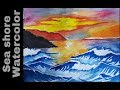 Sunset with waves watercolour painting | beautiful scenery drawing