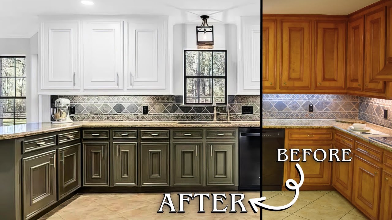 Before and after of a kitchen cabinet refinishing project, showing dated light wood cabinets transformed into modern white and dark gray cabinets
