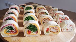 Tortilla rolls. Party appetizers. Tortilla. Quick snacks for New Year's Eve