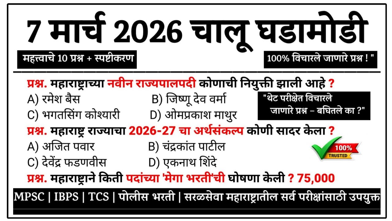 7 March | Current Affairs Today | Chalu Ghadamodi 2026 #policebharti #chalughadamodi #marathigk