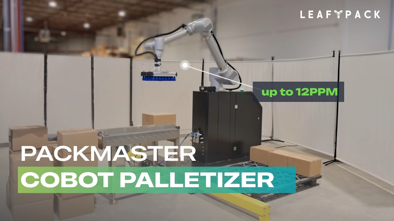Packmaster Rattle The PackMaster Cobot Palletizer | LeafyPack End-of-Line Packaging - YouTube