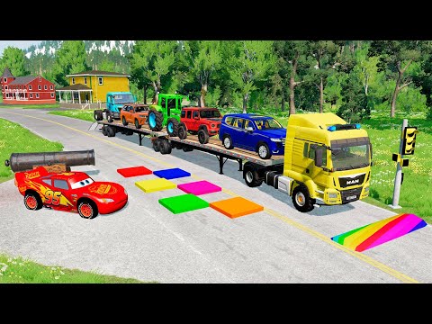 Flatbed Truck McQueen | Transportation with Truck - Pothole vs Car #48 | BeamNG.Drive Gameplay