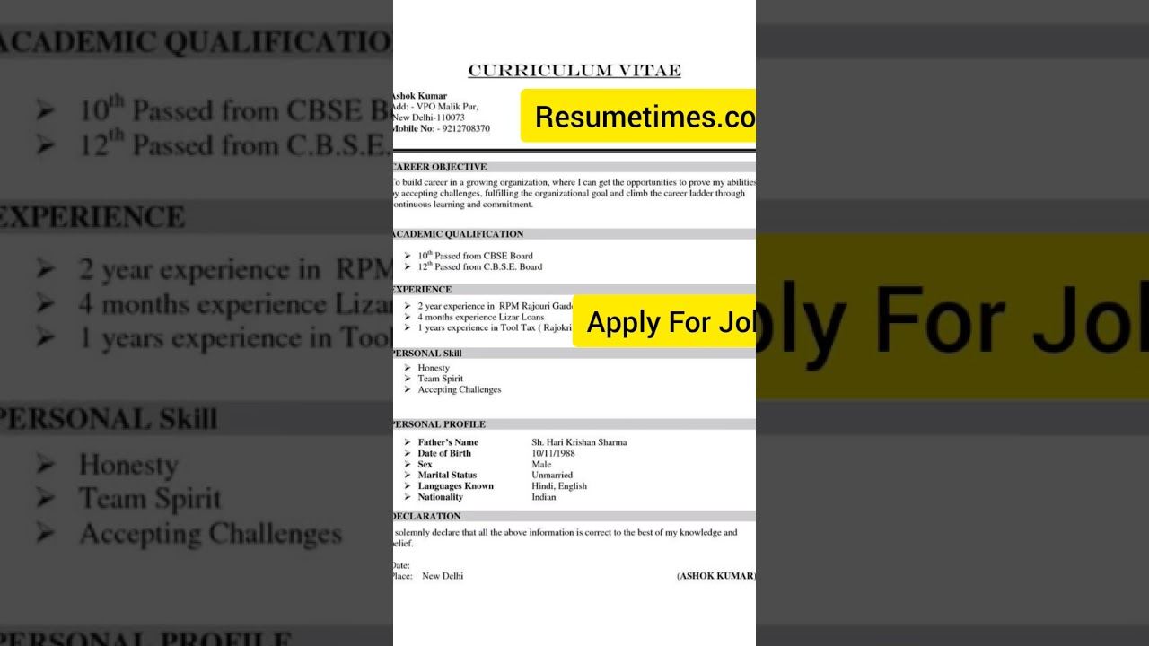Fresher Resume Format For Students