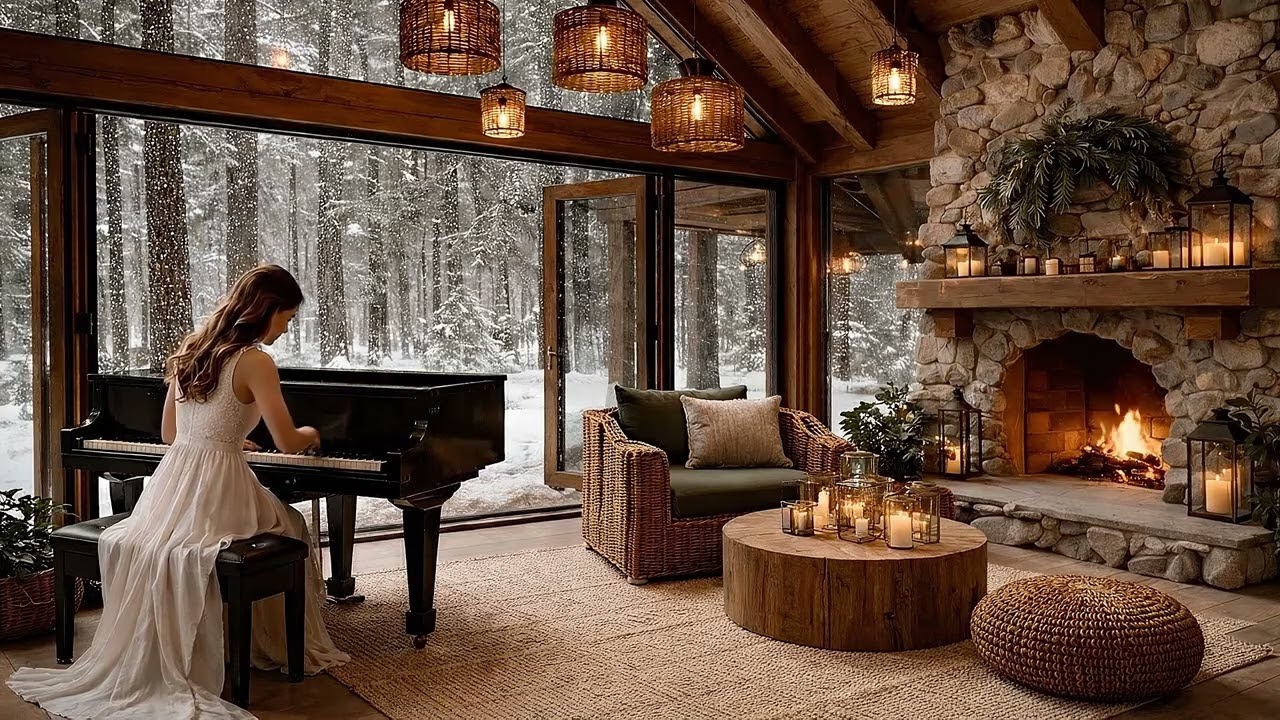 A cozy piano by the fireplace. A peaceful winter atmosphere.