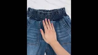 【Flamingals】Wash Patch Pocket Tie Front Shirred High Rise Wide Leg Jeans #jeans #fashion #ootd