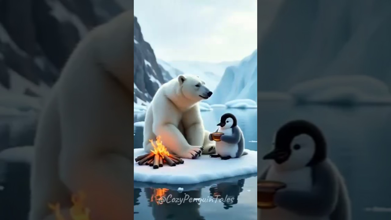 Heartwarming Bond: Polar Bear Comforts Penguin with Tea on Ice 🐻‍❄️☕🐧