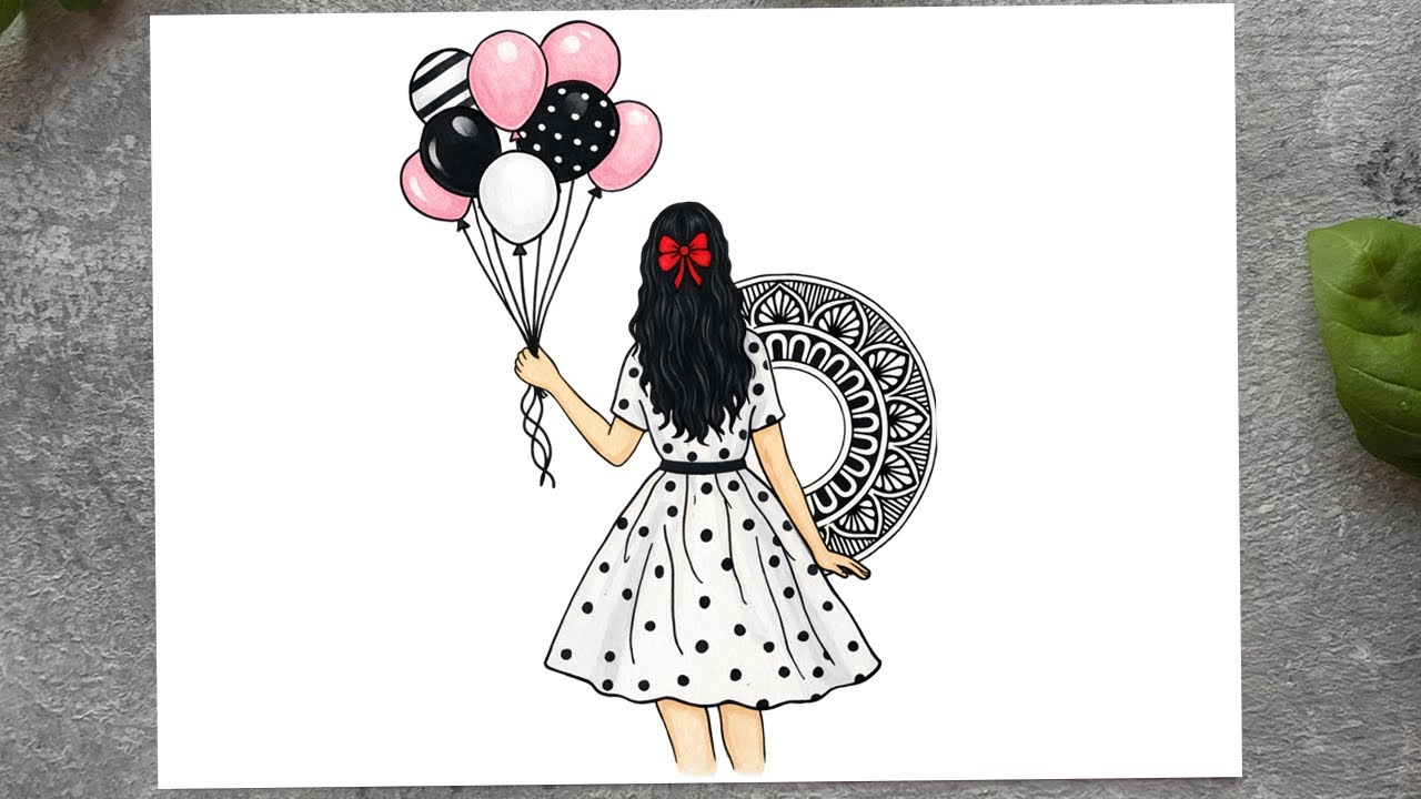 Girl Balloons Drawing | Easy Mandala Art Sketch Painting | Beautiful Chitra Drawing for Beginners
