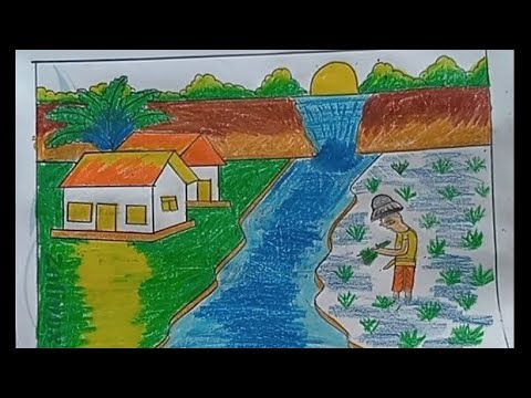 paddy field with farmer scenery drawing beautiful /landscape scenery ...