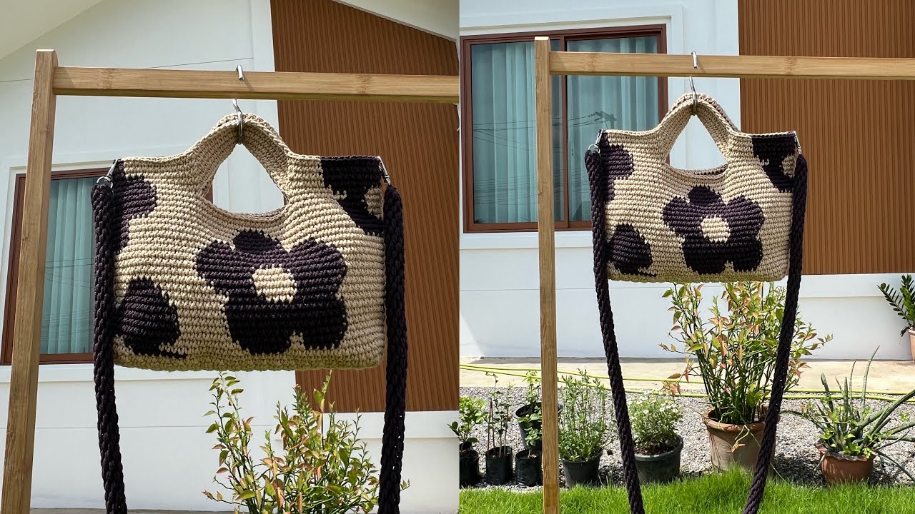 ถักกระเป๋าลายดอกไม้ใบมินิ#นักถักมือซ้าย #เชือกฟอกนิ่ม