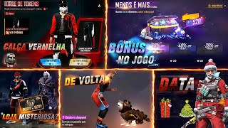 DATA DO EVENTO DE NATAL, CALÇA VERMELHA, LOJA MISTERIOSA ITENS E BÔNUS DE 500% - NOVIDADES FREE FIRE