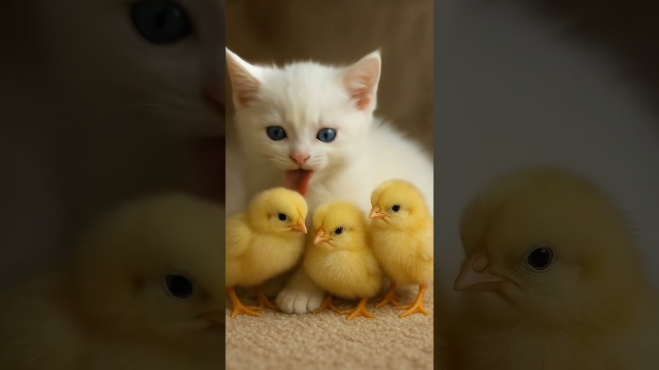 An adorable moment between a gentle kitten and its little chick friends 