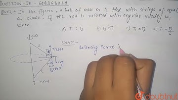 In the figure, a ball of mass m is tied with two strings of equal as shown. If the rod is rotate...