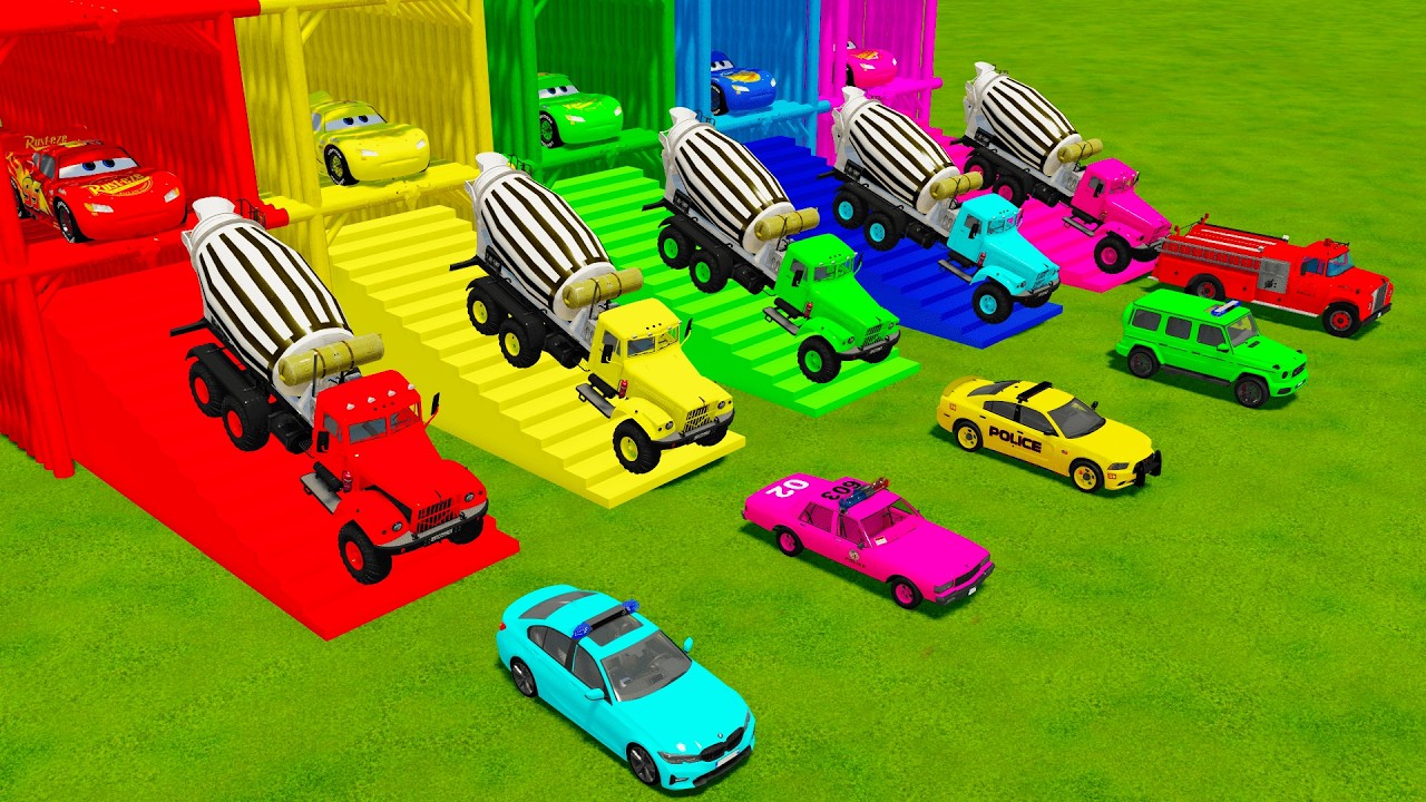 TRANSPORTING POLICE CARS BMW, CHEVROLET, DODGE, MERCEDES, FIRE DEPARTAMENT WITH MAN TRUCK