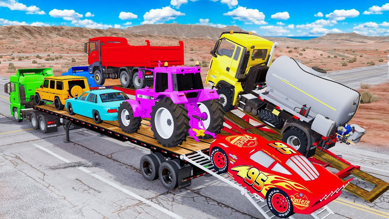 Flatbed Truck Mcqueen | Transportation with Truck - Pothole vs Car 