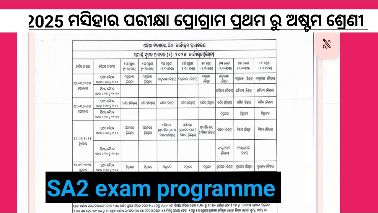 SA2 exam programme class 1 to 8 2025 SA2 exam timetable 