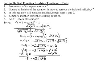 Solve Radical Equation (2 Square Roots) Results in Linear Equation: sqrt(x-4)+sqrt(x+3)=1 (No Soln)